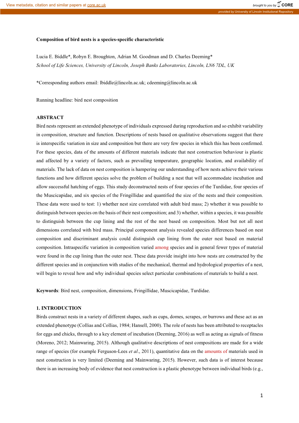 Composition of Bird Nests Is a Species-Specific Characteristic Lucia