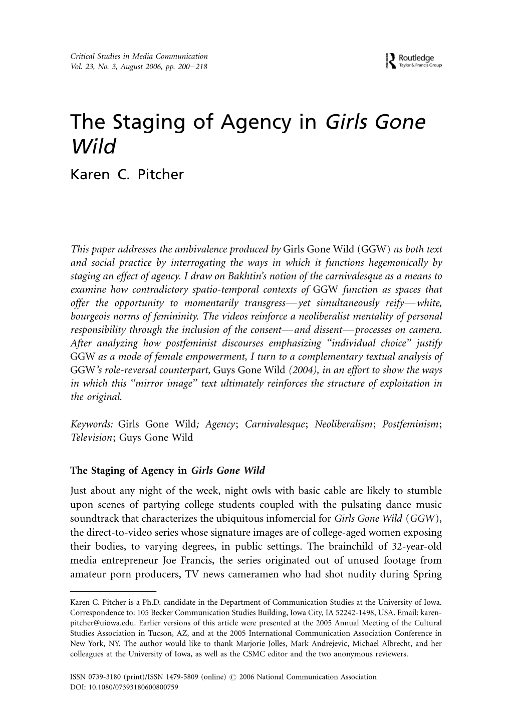 The Staging of Agency in Girls Gone Wild Karen C