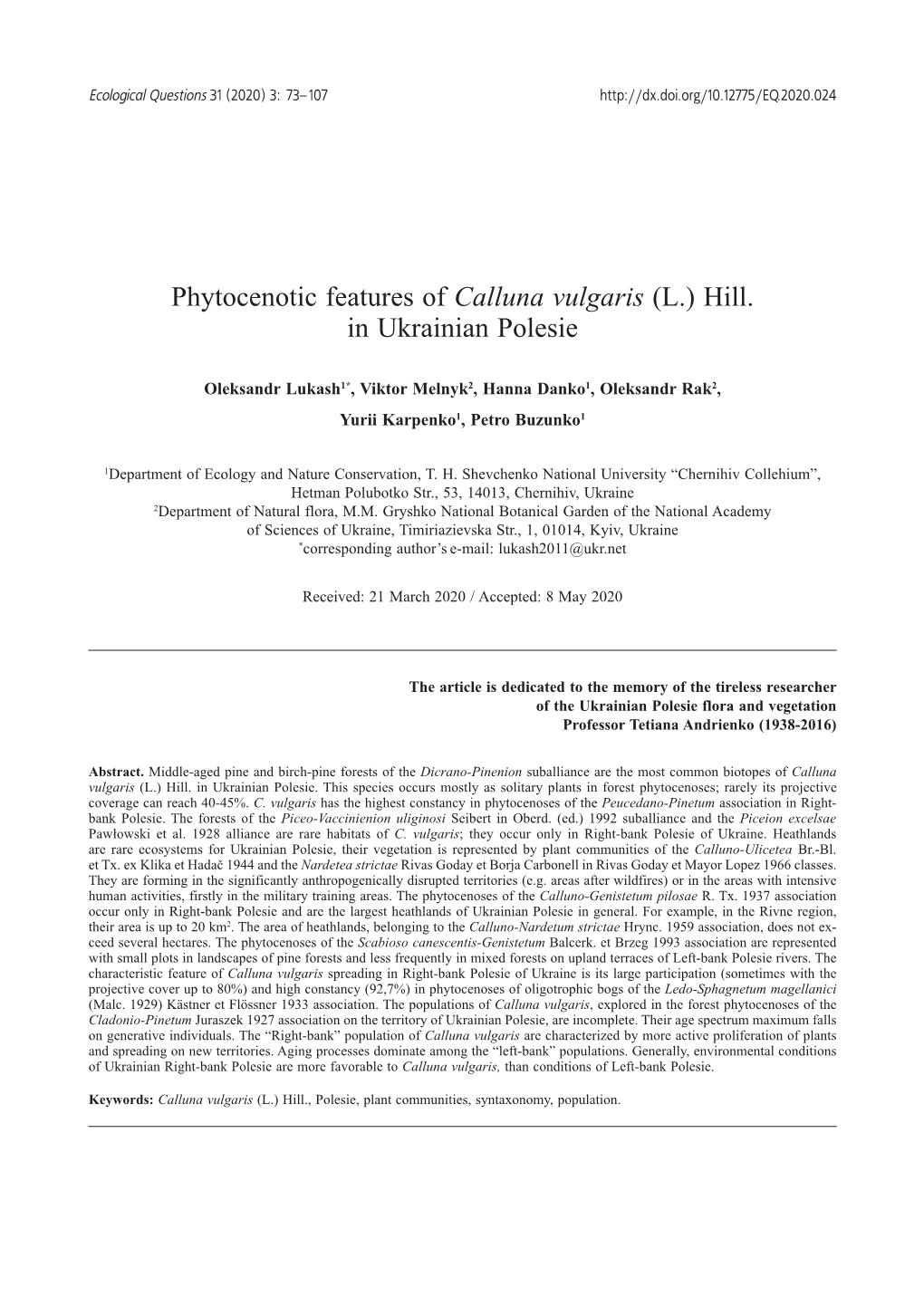 Phytocenotic Features of Calluna Vulgaris (L.) Hill. in Ukrainian Polesie