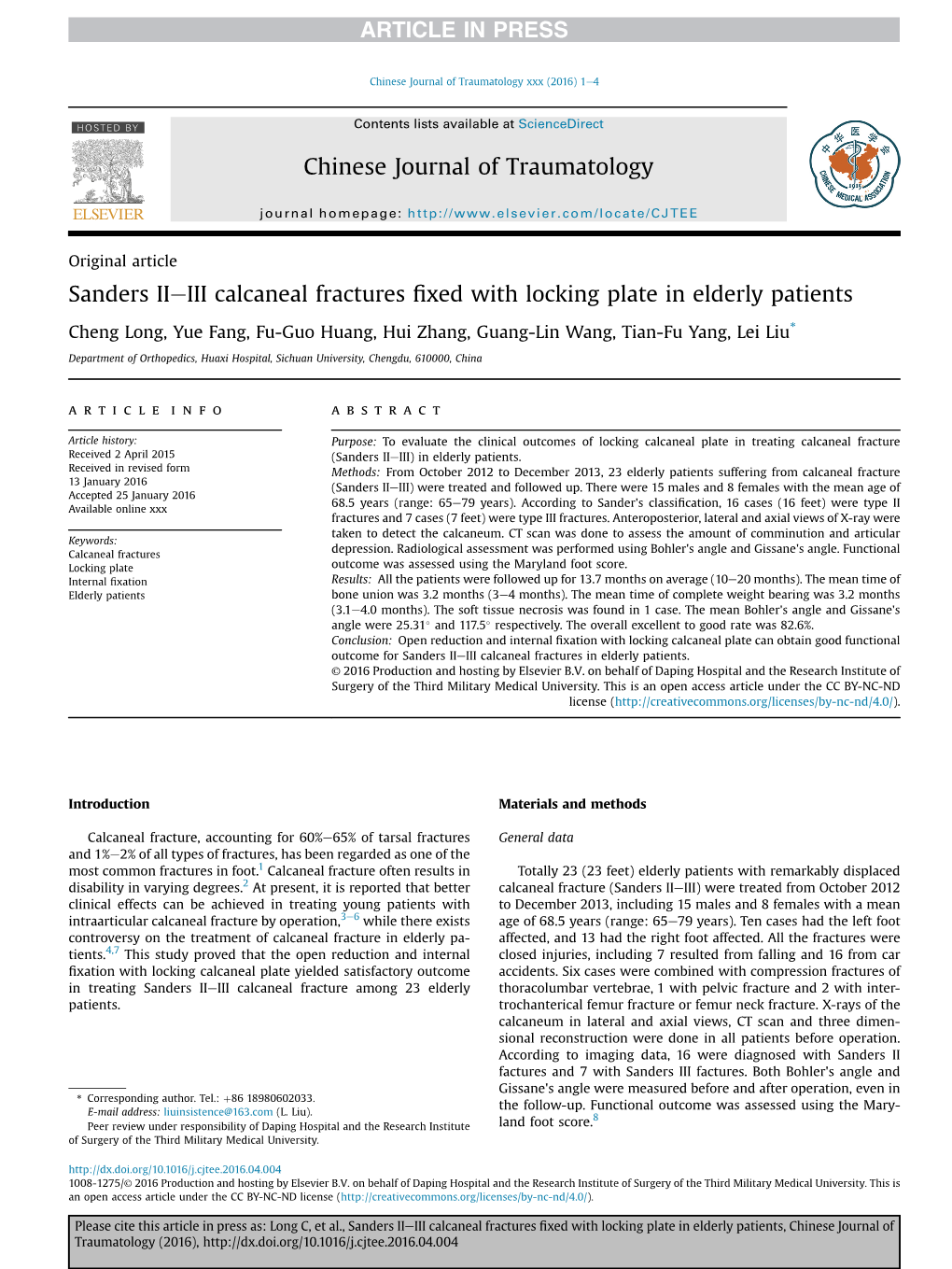 Sanders II-III Calcaneal Fractures Fixed with Locking Plate in Elderly Patients