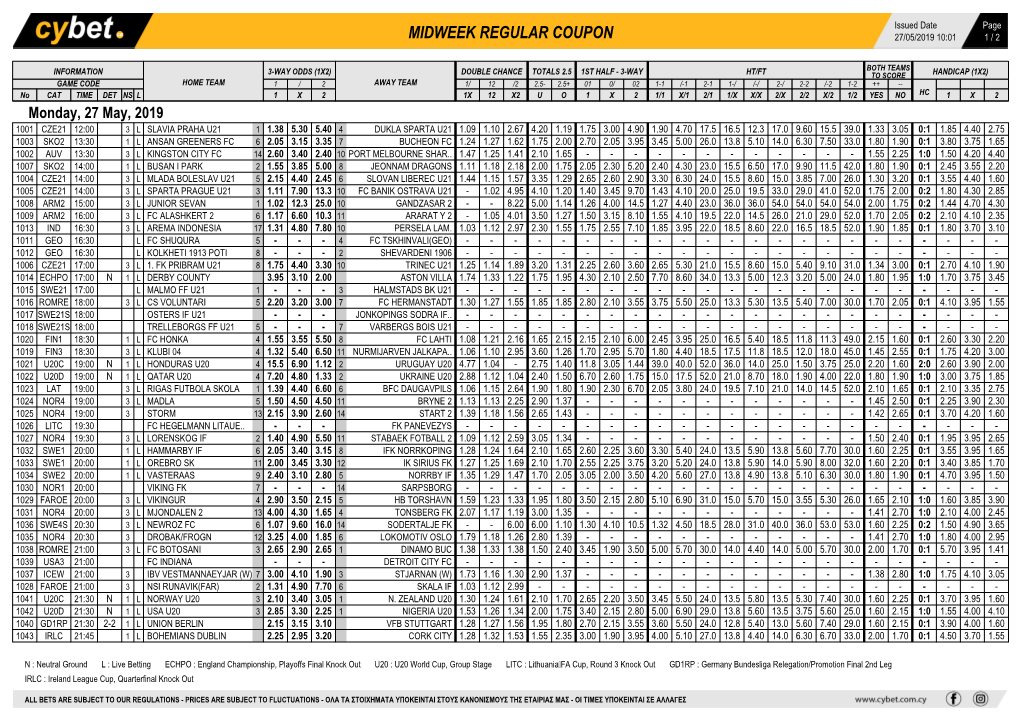 Midweek Regular Coupon 27/05/2019 10:01 1 / 2