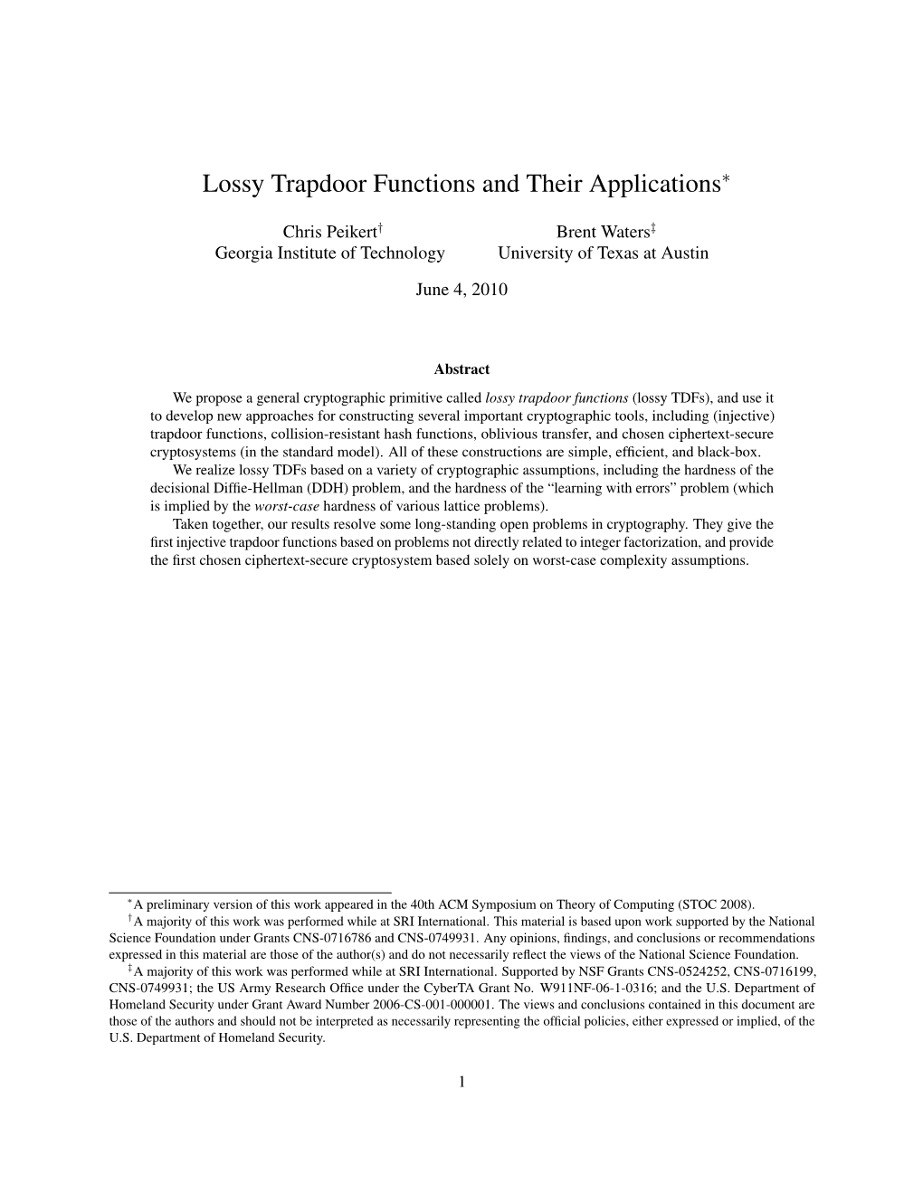 Lossy Trapdoor Functions and Their Applications∗