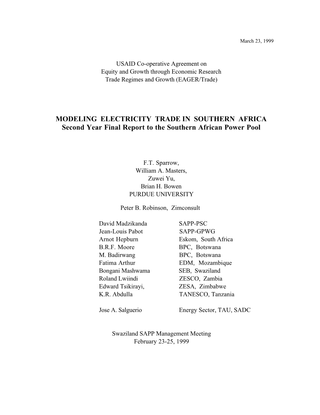MODELING ELECTRICITY TRADE in SOUTHERN AFRICA Second Year Final Report to the Southern African Power Pool