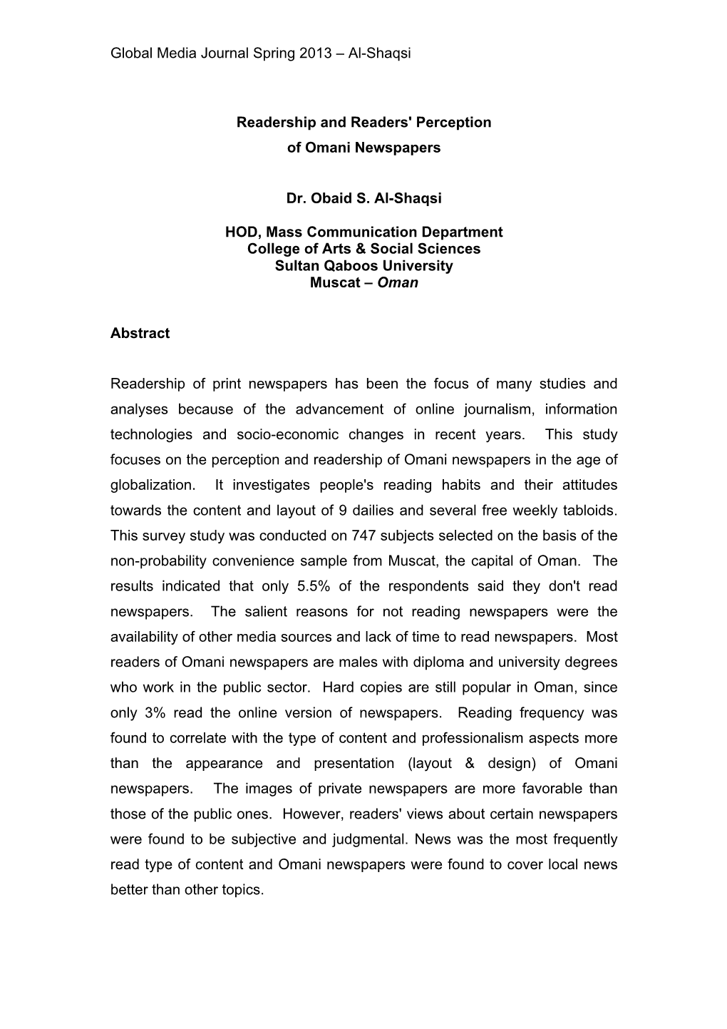 Al-Shaqsi Readership and Readers' Perception of Omani Newspapers