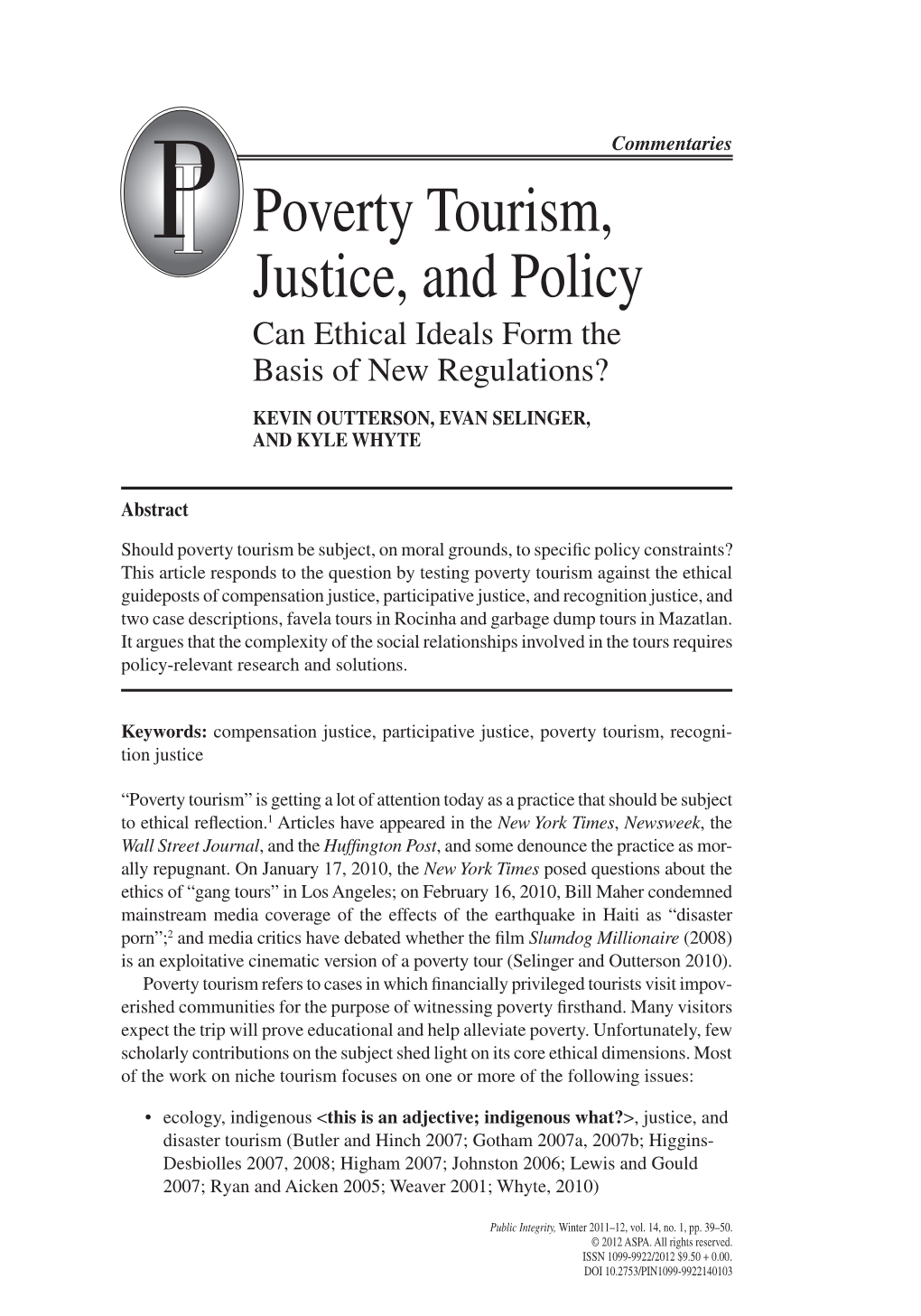 Poverty Tourism, Justice, and Policy Can Ethical Ideals Form the Basis of New Regulations?