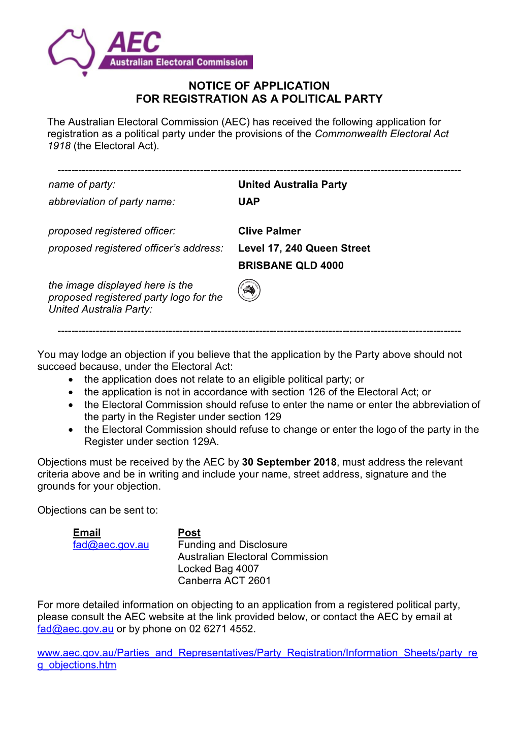 Notice of Application for Registration As a Political Party