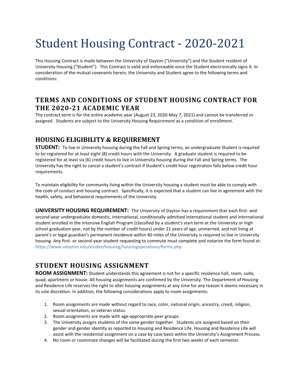 Student Housing Contract - 2020-2021