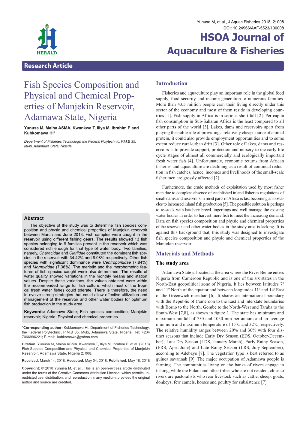 Fish Species Composition and Physical and Chemical Prop- Erties