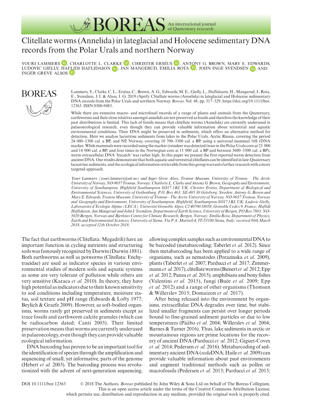 (Annelida) in Lateglacial and Holocene Sedimentary DNA Records from the Polar Urals and Northern Norway