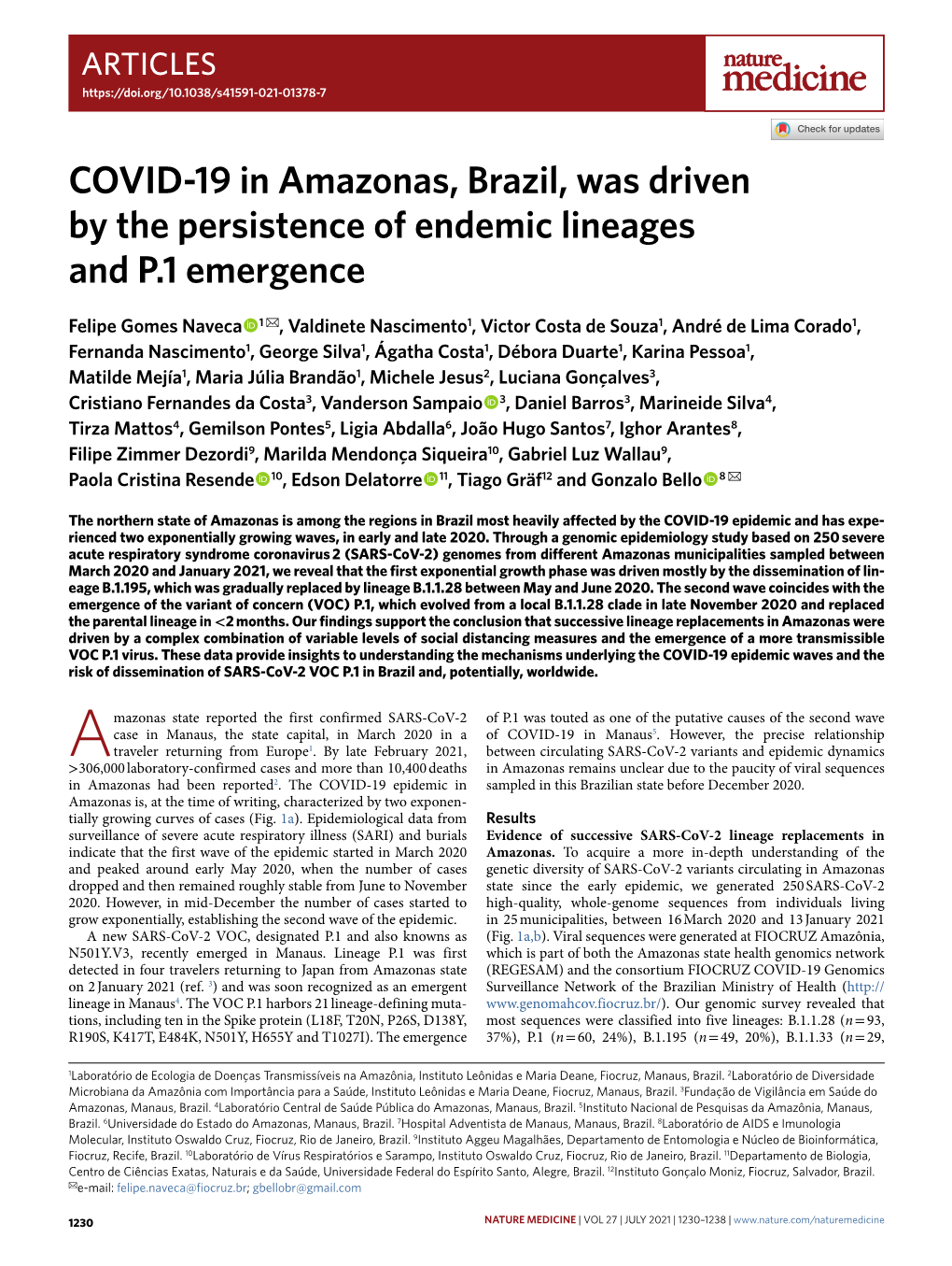 COVID-19 in Amazonas, Brazil, Was Driven by the Persistence of Endemic Lineages and P.1 Emergence