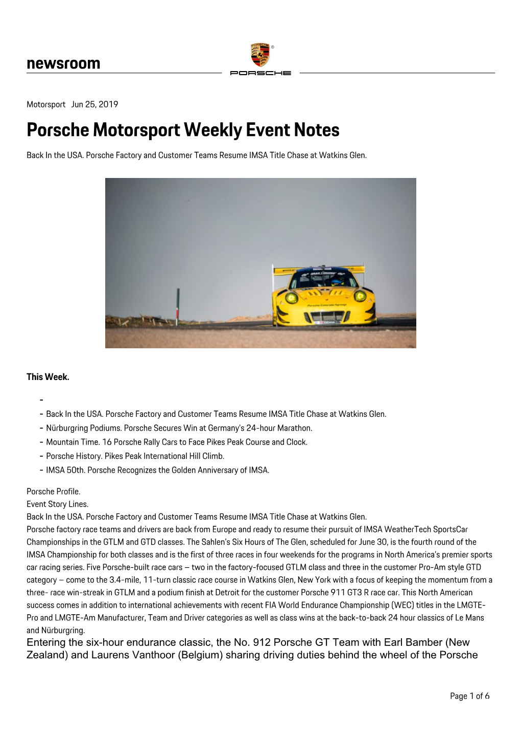 Porsche Motorsport Weekly Event Notes Back in the USA