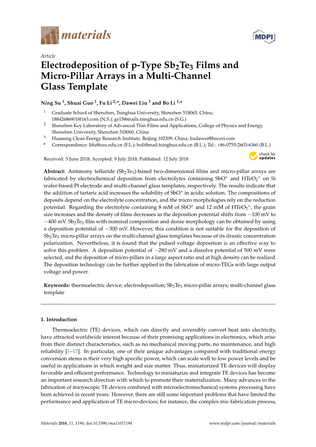 Electrodeposition of P-Type Sb2te3 Films and Micro-Pillar Arrays in a Multi-Channel Glass Template