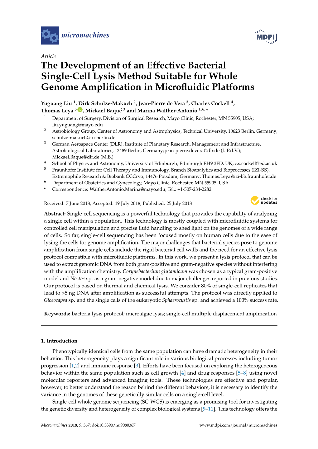 The Development of an Effective Bacterial Single-Cell Lysis Method Suitable for Whole Genome Ampliﬁcation in Microﬂuidic Platforms