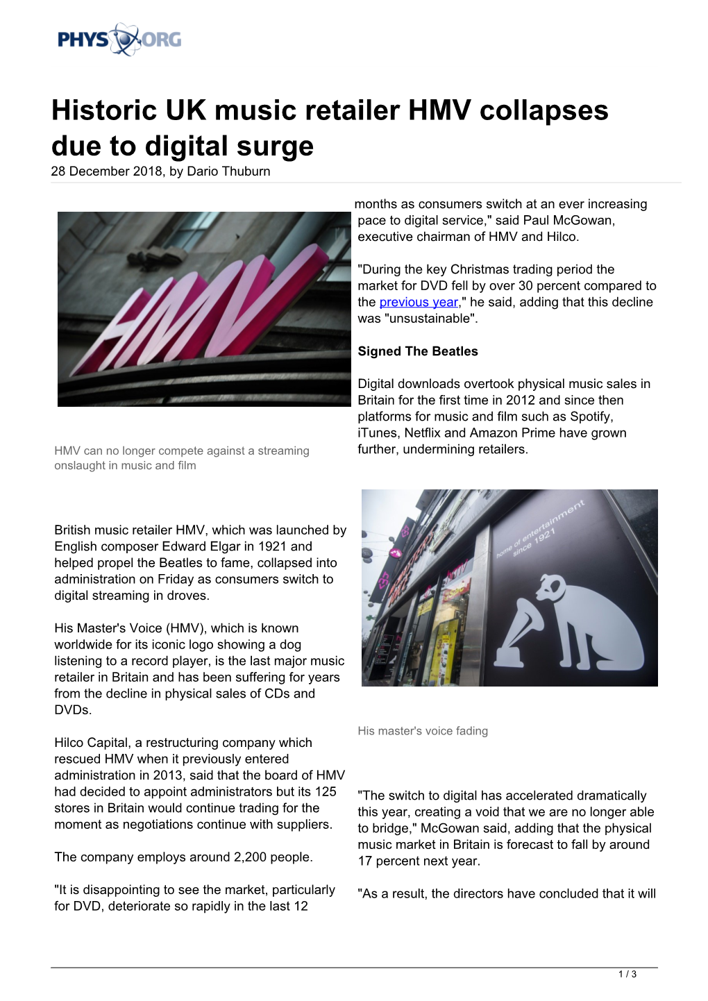 Historic UK Music Retailer HMV Collapses Due to Digital Surge 28 December 2018, by Dario Thuburn