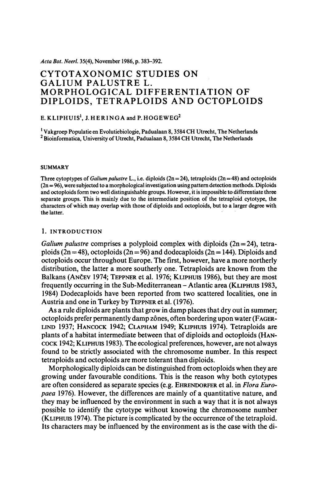 Cytotaxonomic Studies on Galium Palustre L. Morphological