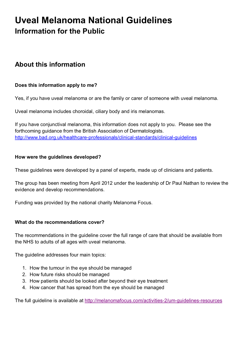 Uveal Melanoma National Guidelines – Information for the Public