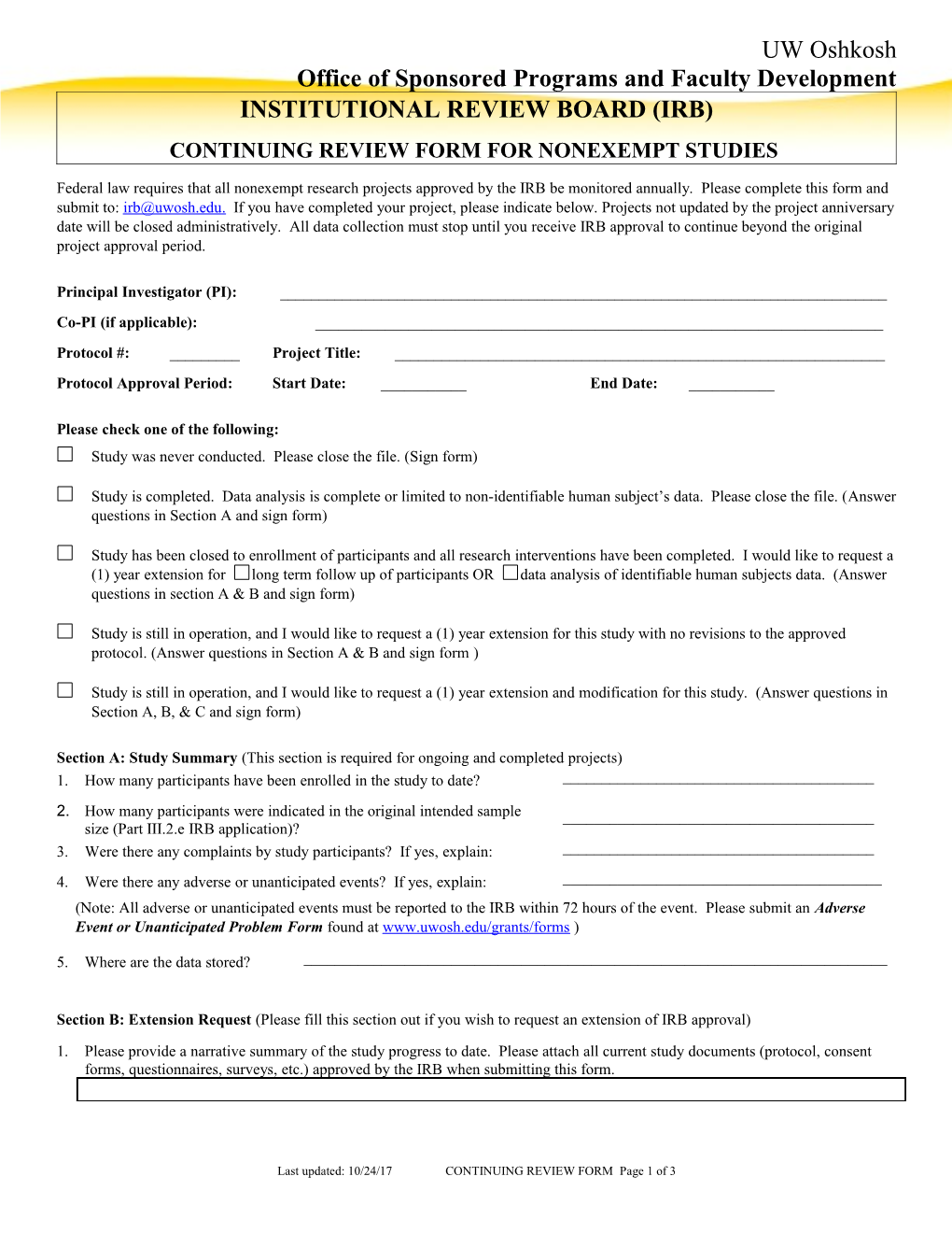 Continuing Review Form for Nonexempt Studies Involving Human