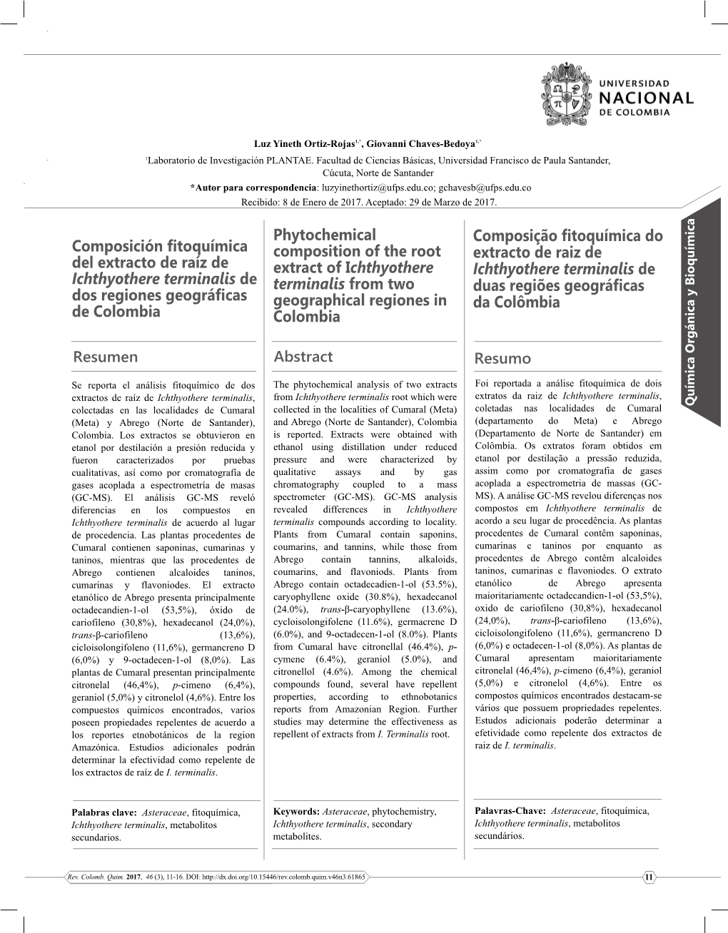 Composição Fitoquímica Do Extracto De Raiz De Ichthyothere Terminalis