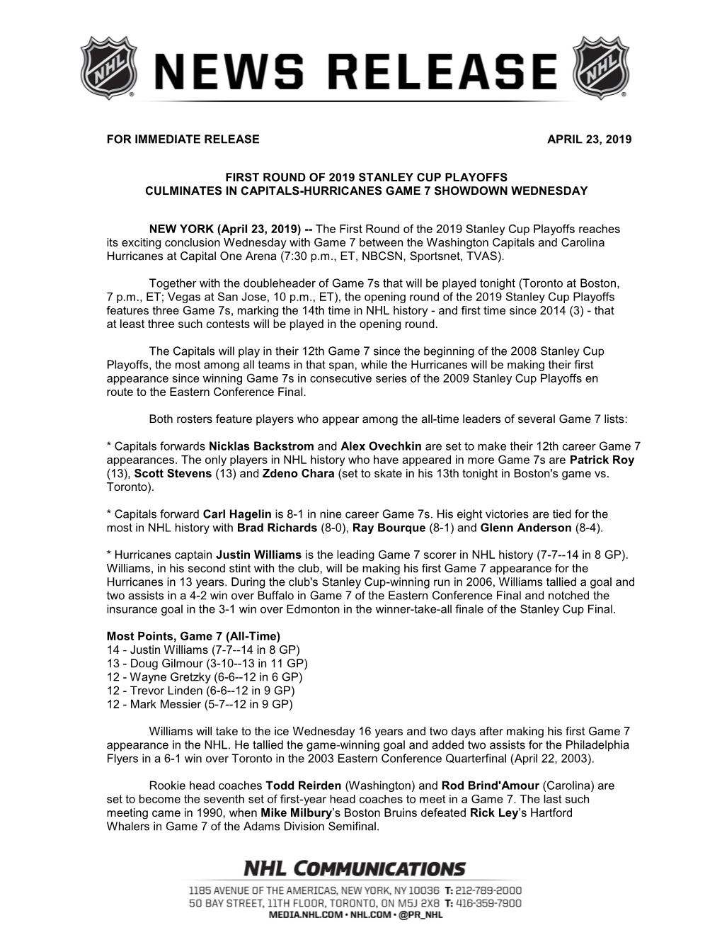 For Immediate Release April 23, 2019 First Round