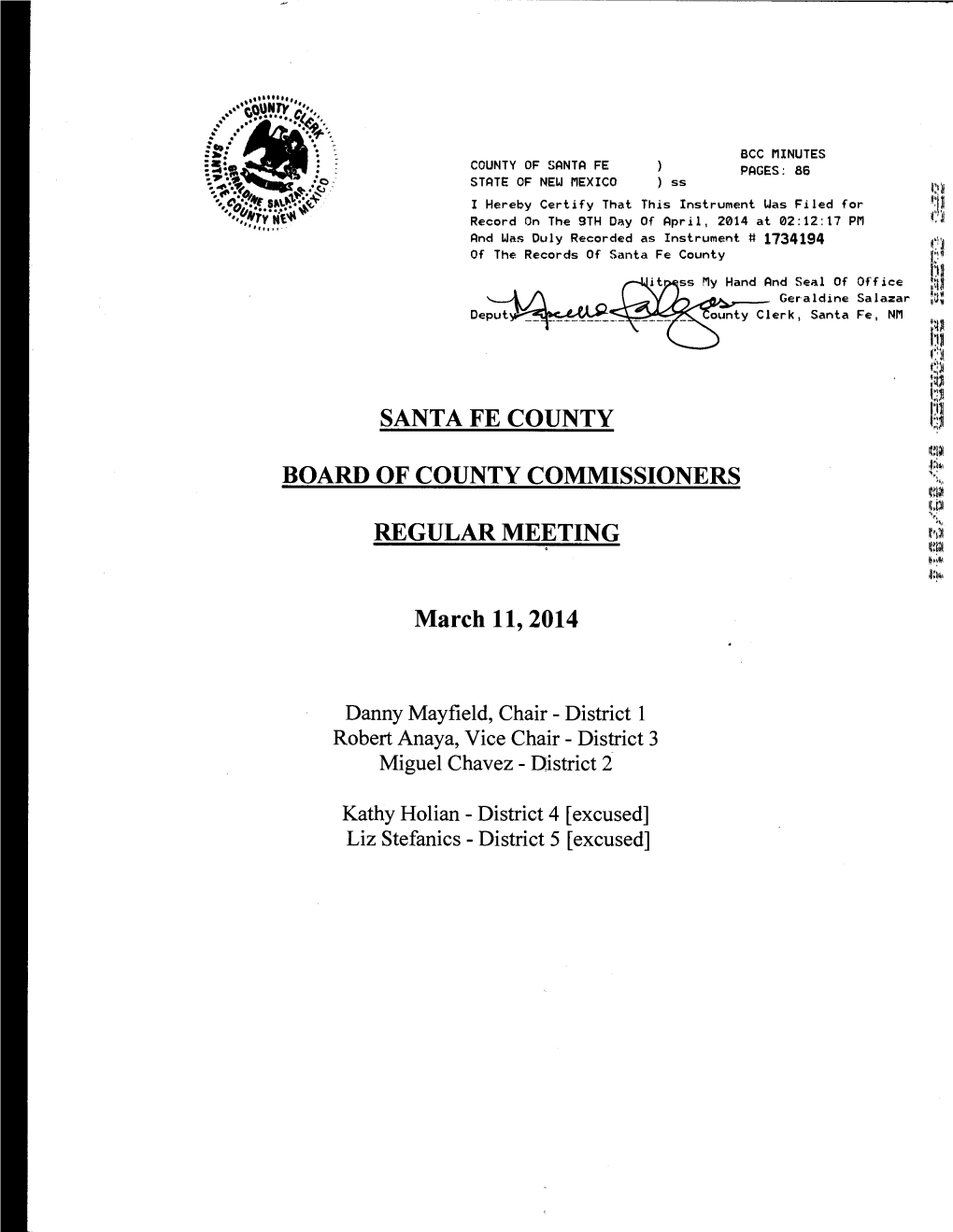 SANTA FE COUNTY BOARD of COUNTY COMMISSIONERS REGULAR MEETING March 11, 2014