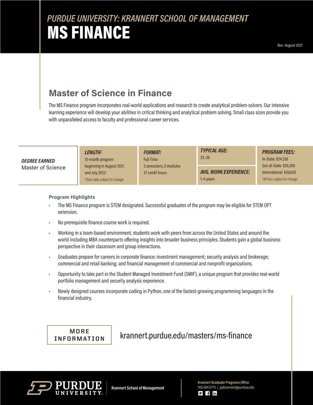 KRANNERT SCHOOL of MANAGEMENT MS FINANCE Rev: August 2021