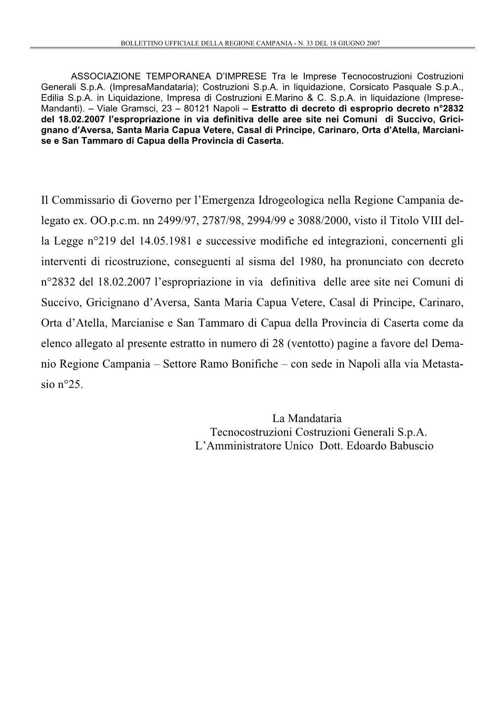 Il Commissario Di Governo Per L'emergenza