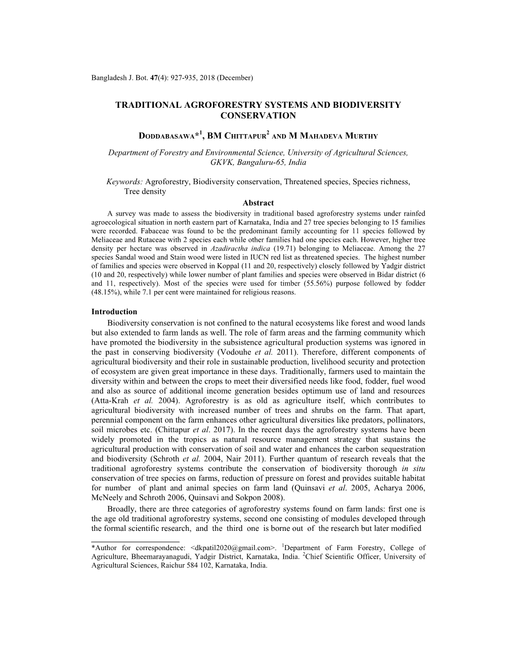 Traditional Agroforestry Systems and Biodiversity Conservation