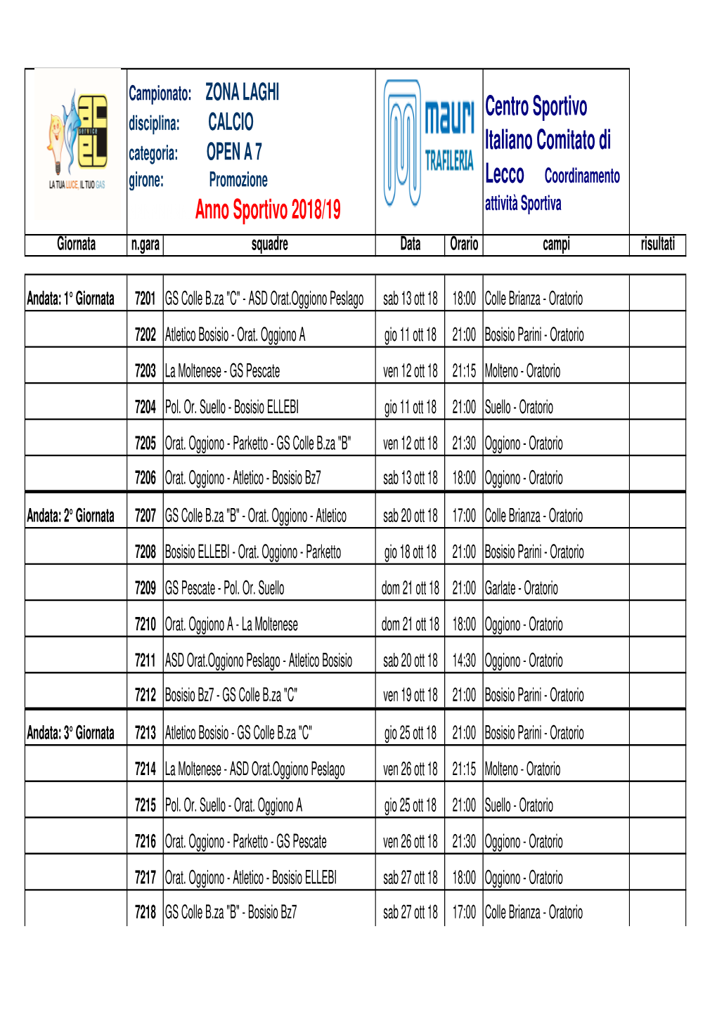 Calendario Open Promozione