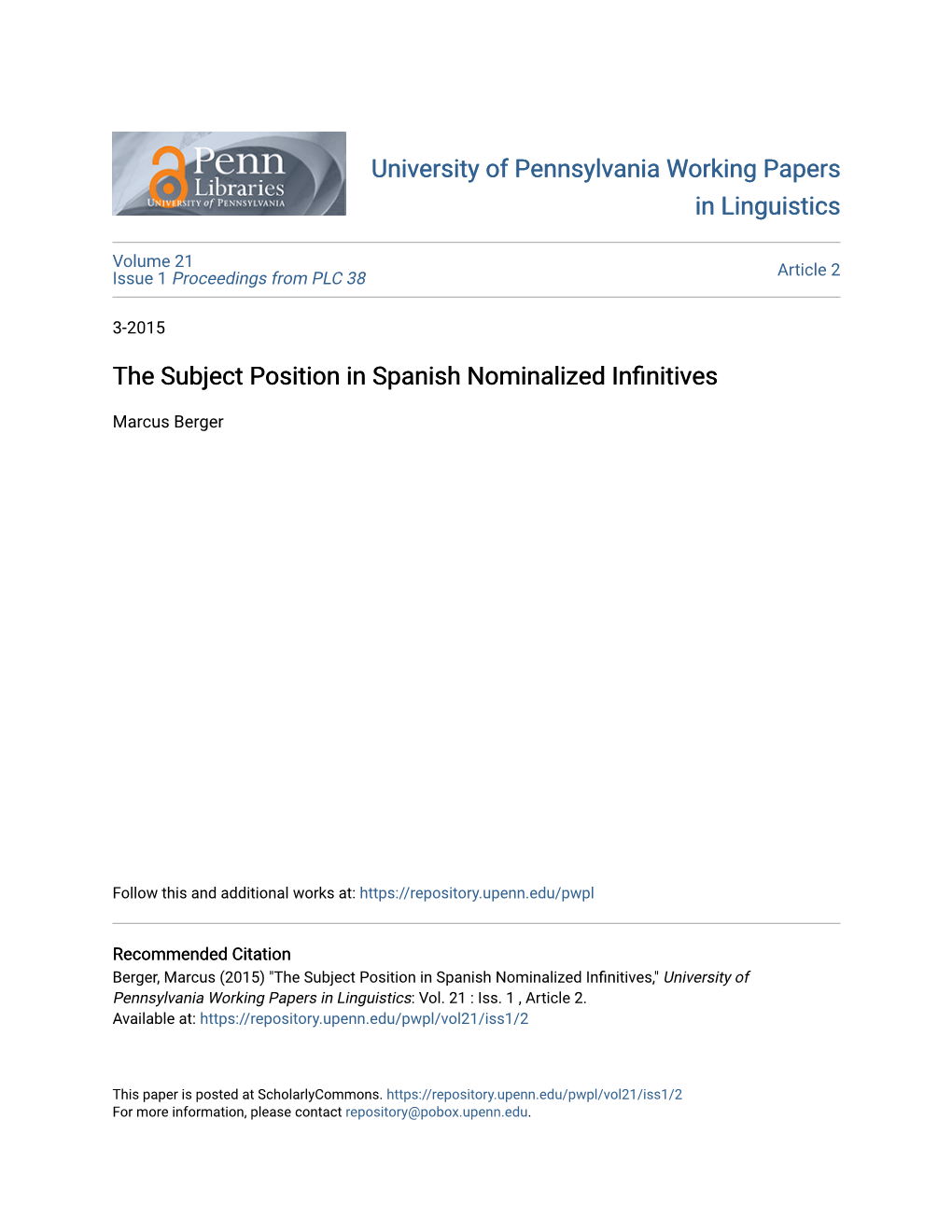 The Subject Position in Spanish Nominalized Infinitives