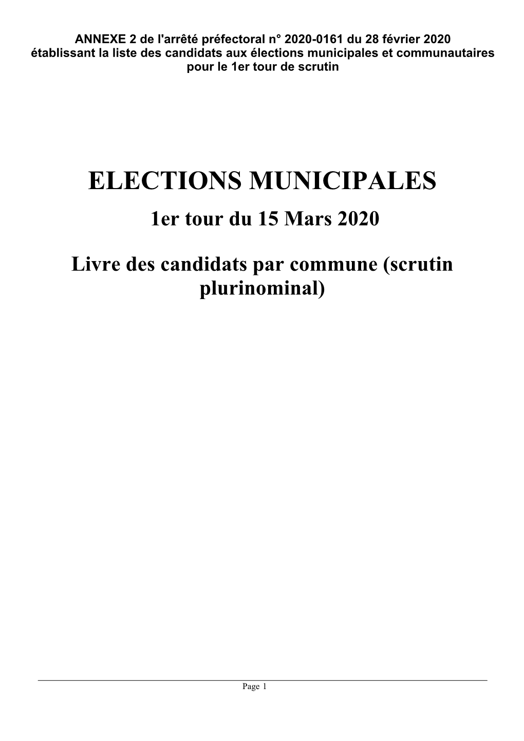 ELECTIONS MUNICIPALES 1Er Tour Du 15 Mars 2020