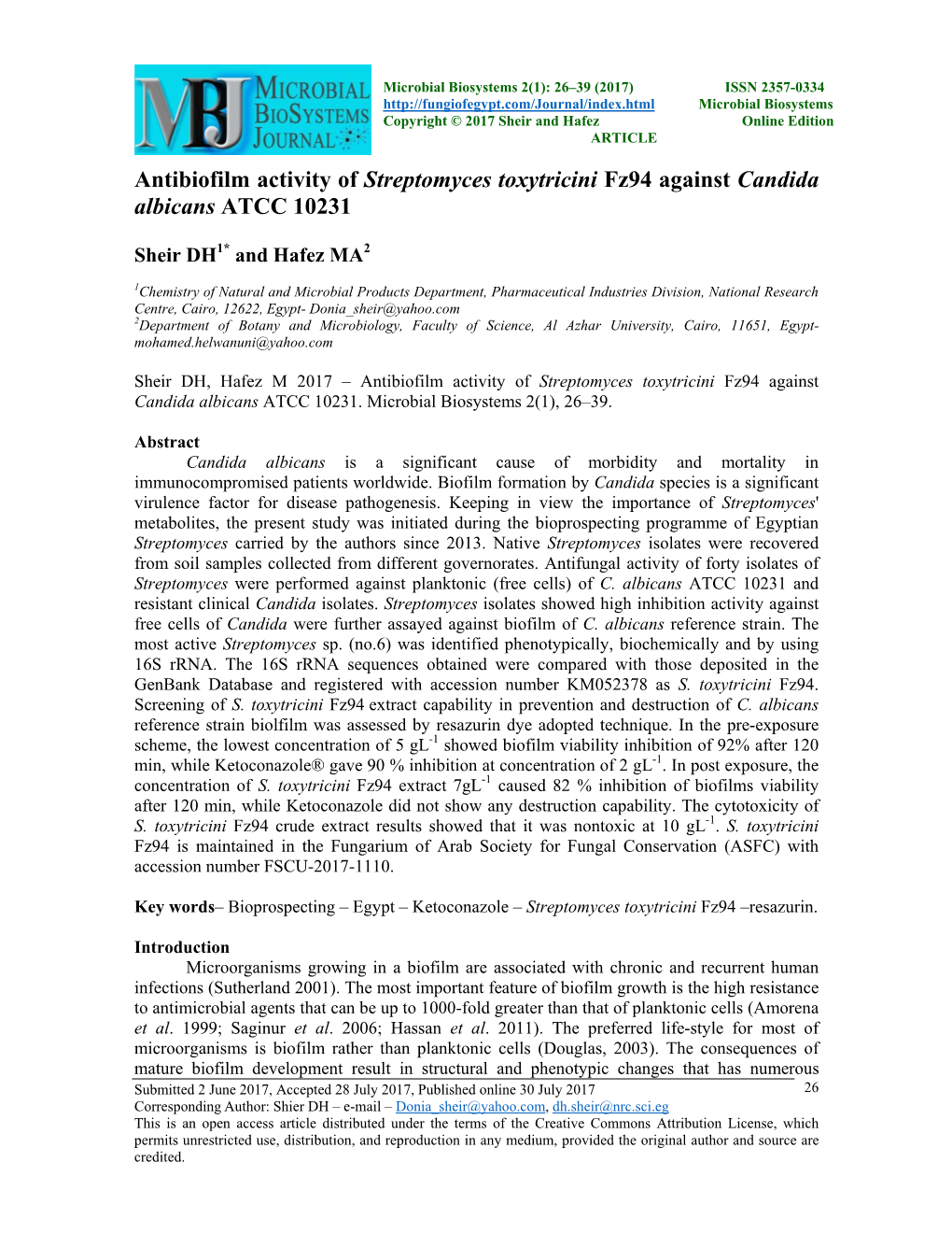 Antibiofilm Activity of Streptomyces Toxytricini Fz94 Against Candida Albicans ATCC 10231