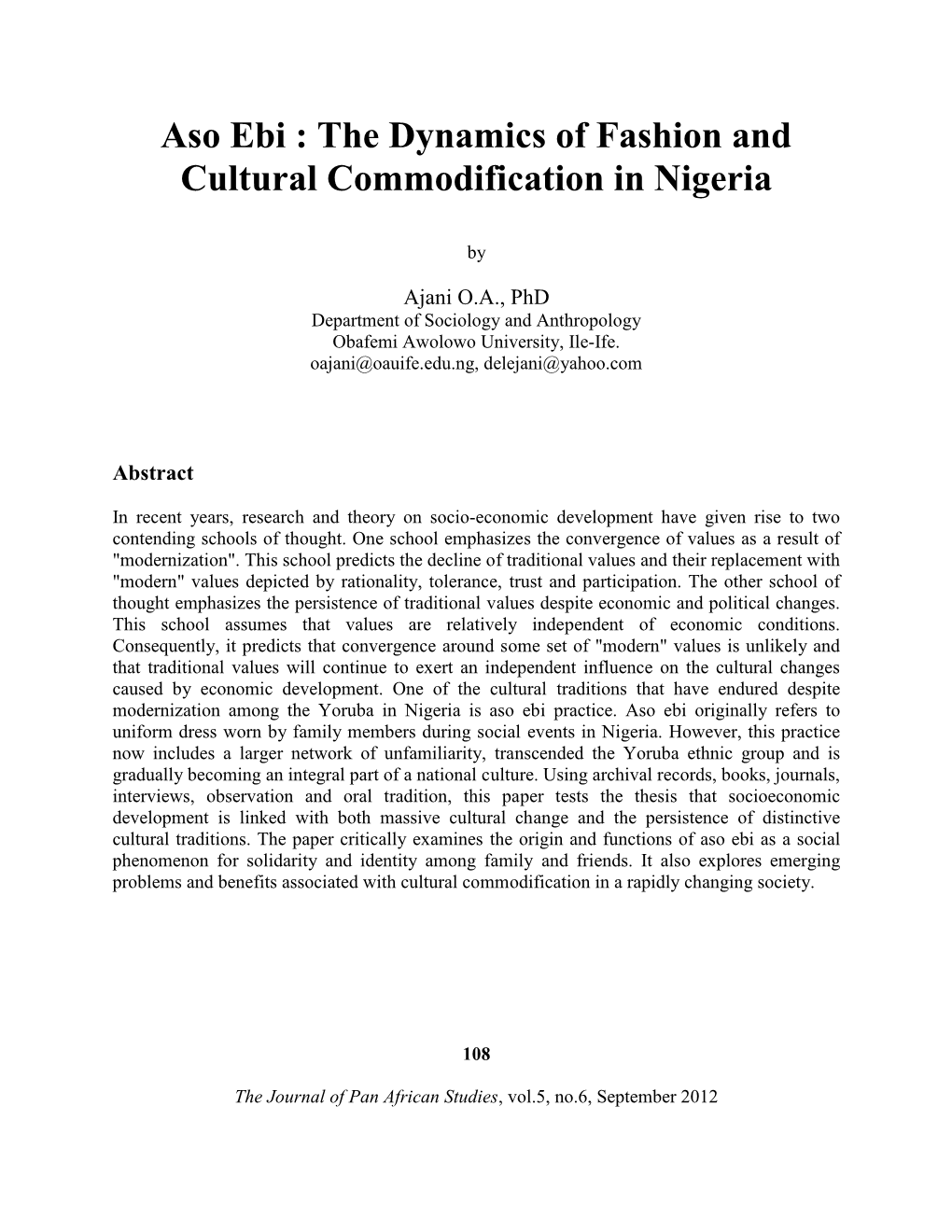 Aso Ebi : the Dynamics of Fashion and Cultural Commodification in Nigeria