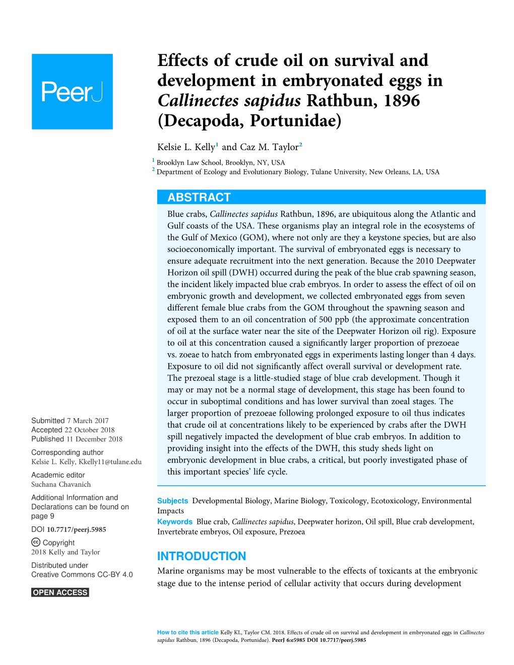 Effects of Crude Oil on Survival and Development in Embryonated Eggs in Callinectes Sapidus Rathbun, 1896 (Decapoda, Portunidae)