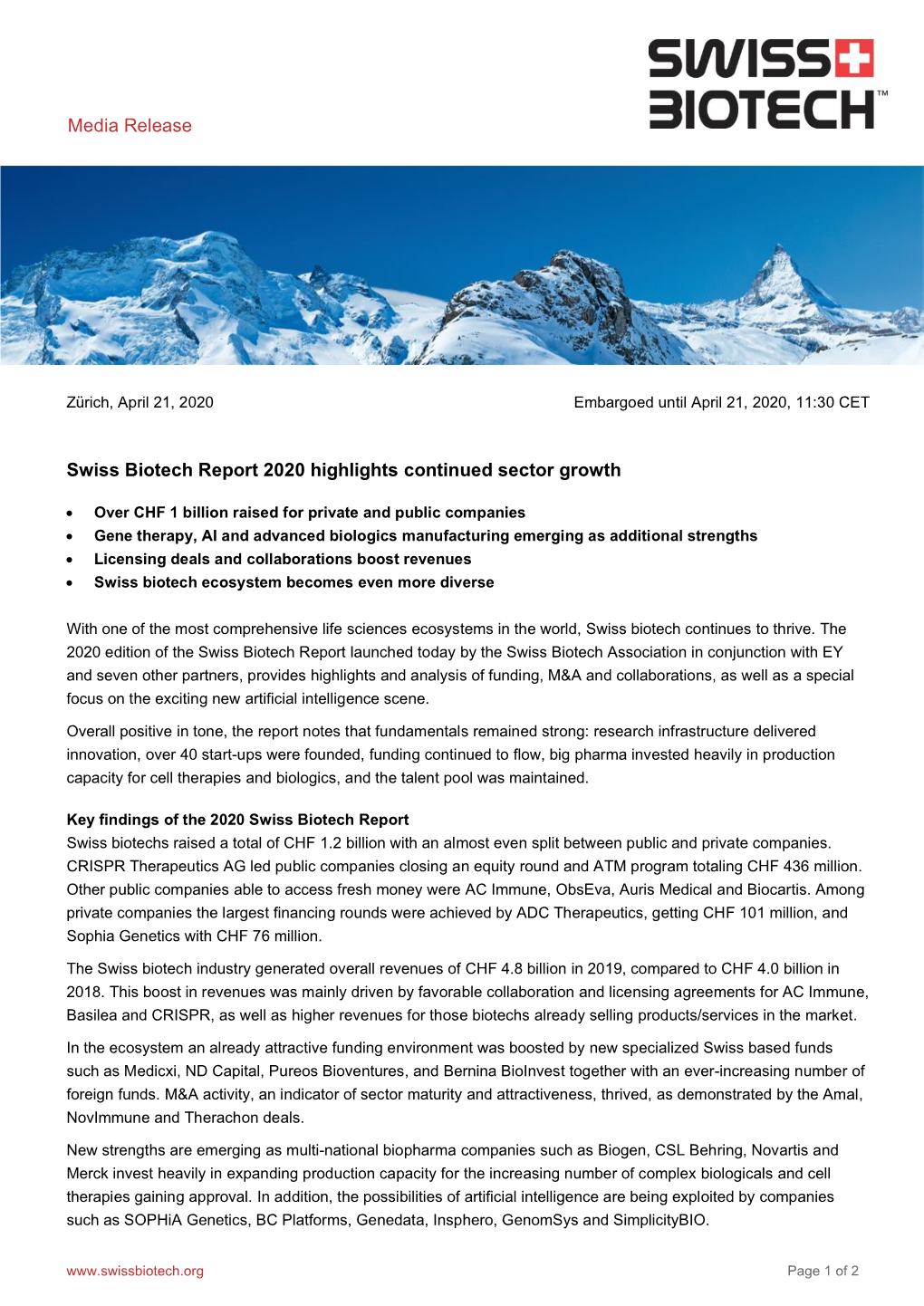 Media Release Swiss Biotech Report 2020 Highlights Continued Sector