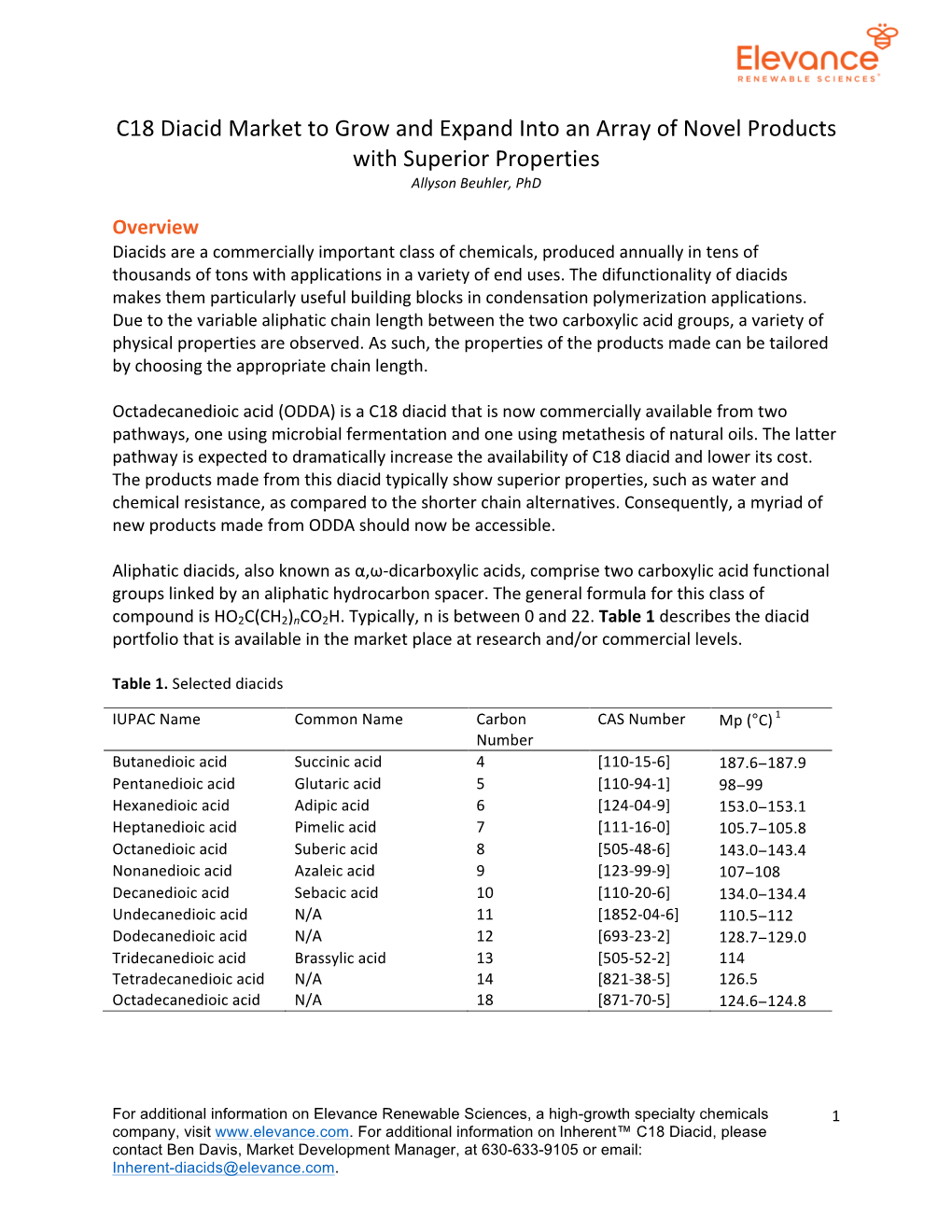 C18 Diacid Market to Grow and Expand Into an Array of Novel Products with Superior Properties Allyson Beuhler, Phd