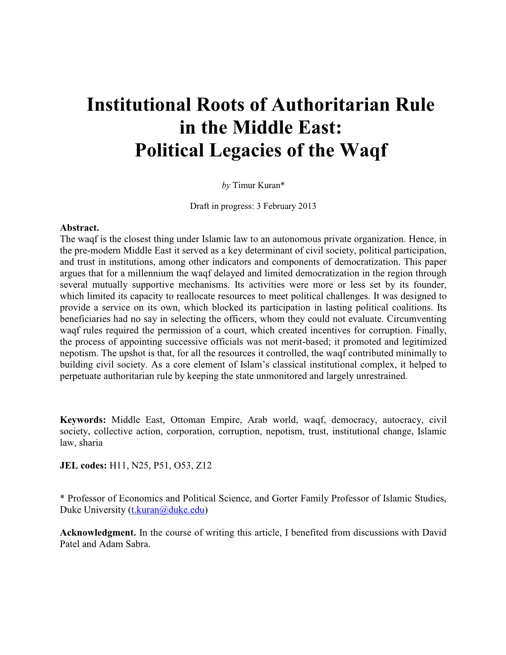 Institutional Roots of Authoritarian Rule in the Middle East: Political Legacies of the Waqf