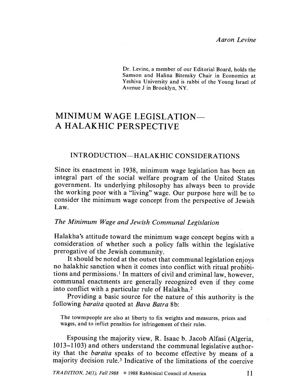 Minimum Wage Legislation- a Halakhic Perspective