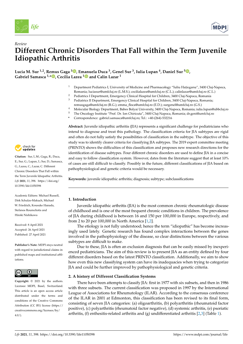 Different Chronic Disorders That Fall Within the Term Juvenile Idiopathic Arthritis