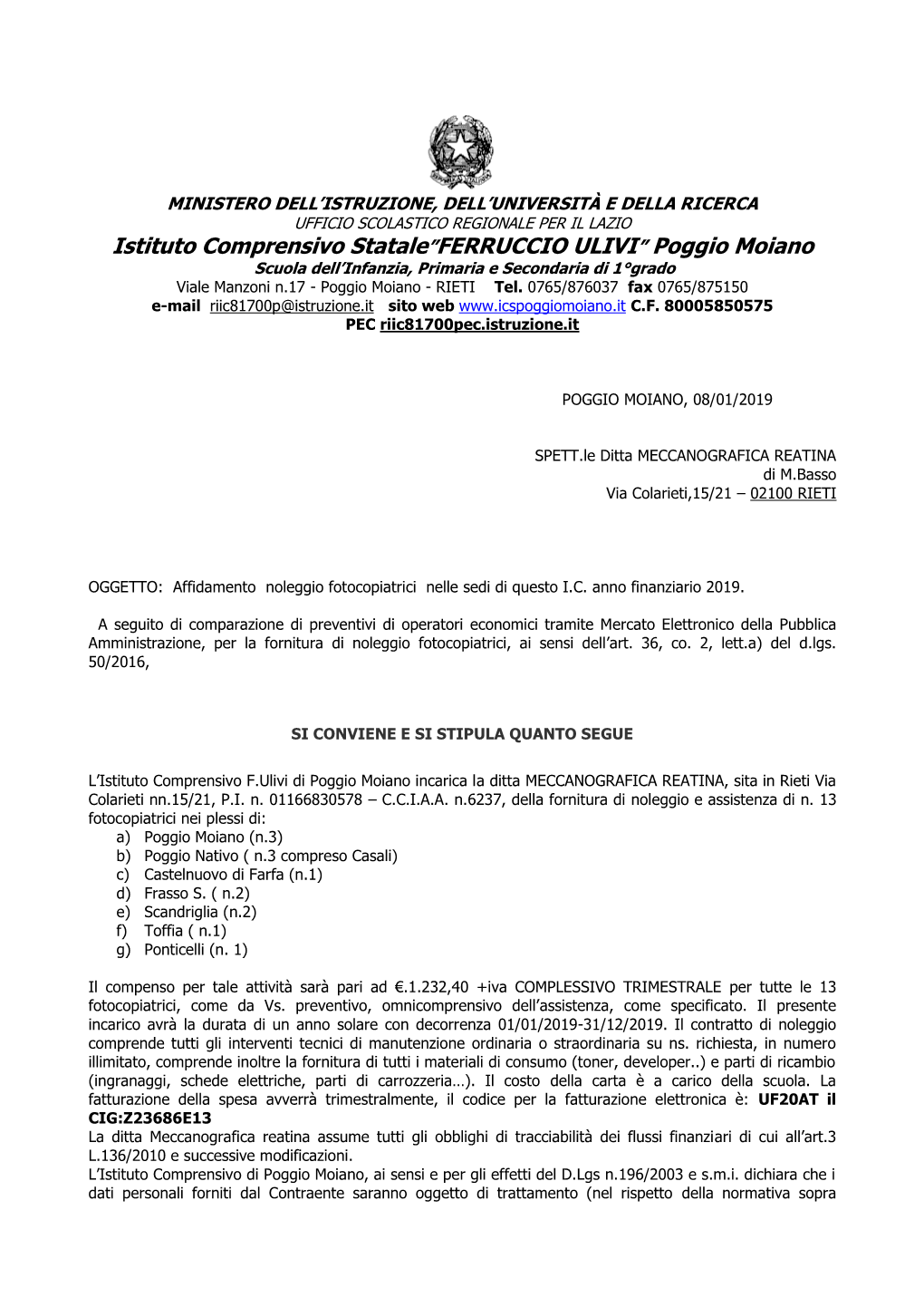 Istituto Comprensivo Statale”FERRUCCIO ULIVI” Poggio Moiano Scuola Dell’Infanzia, Primaria E Secondaria Di 1°Grado Viale Manzoni N.17 - Poggio Moiano - RIETI Tel