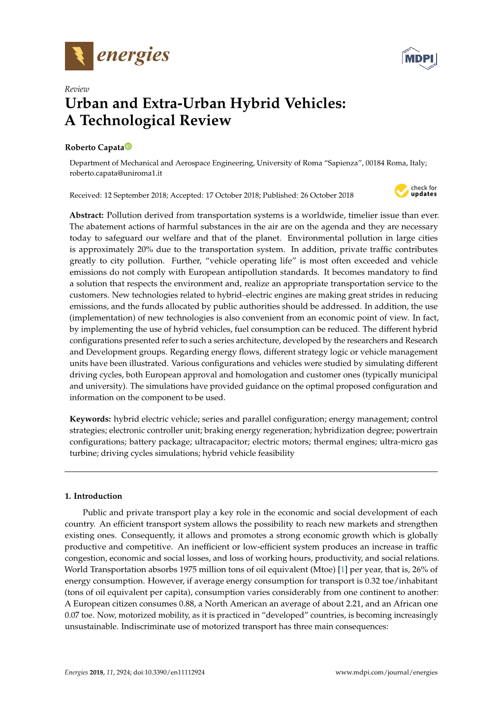 Urban and Extra-Urban Hybrid Vehicles: a Technological Review