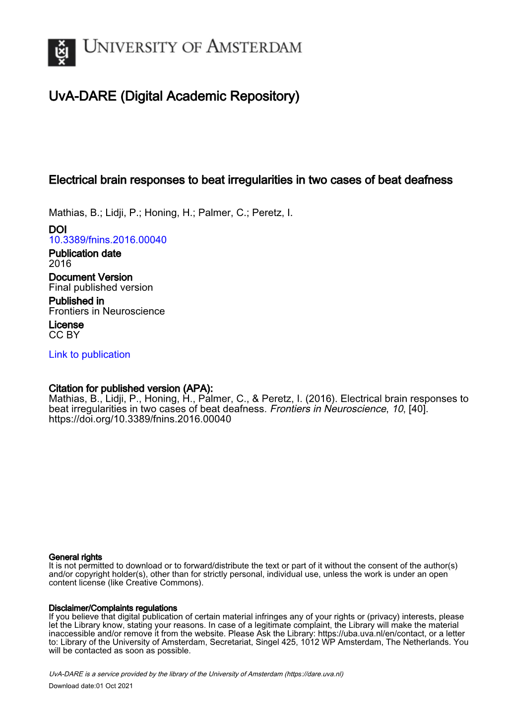 Electrical Brain Responses to Beat Irregularities in Two Cases of Beat Deafness