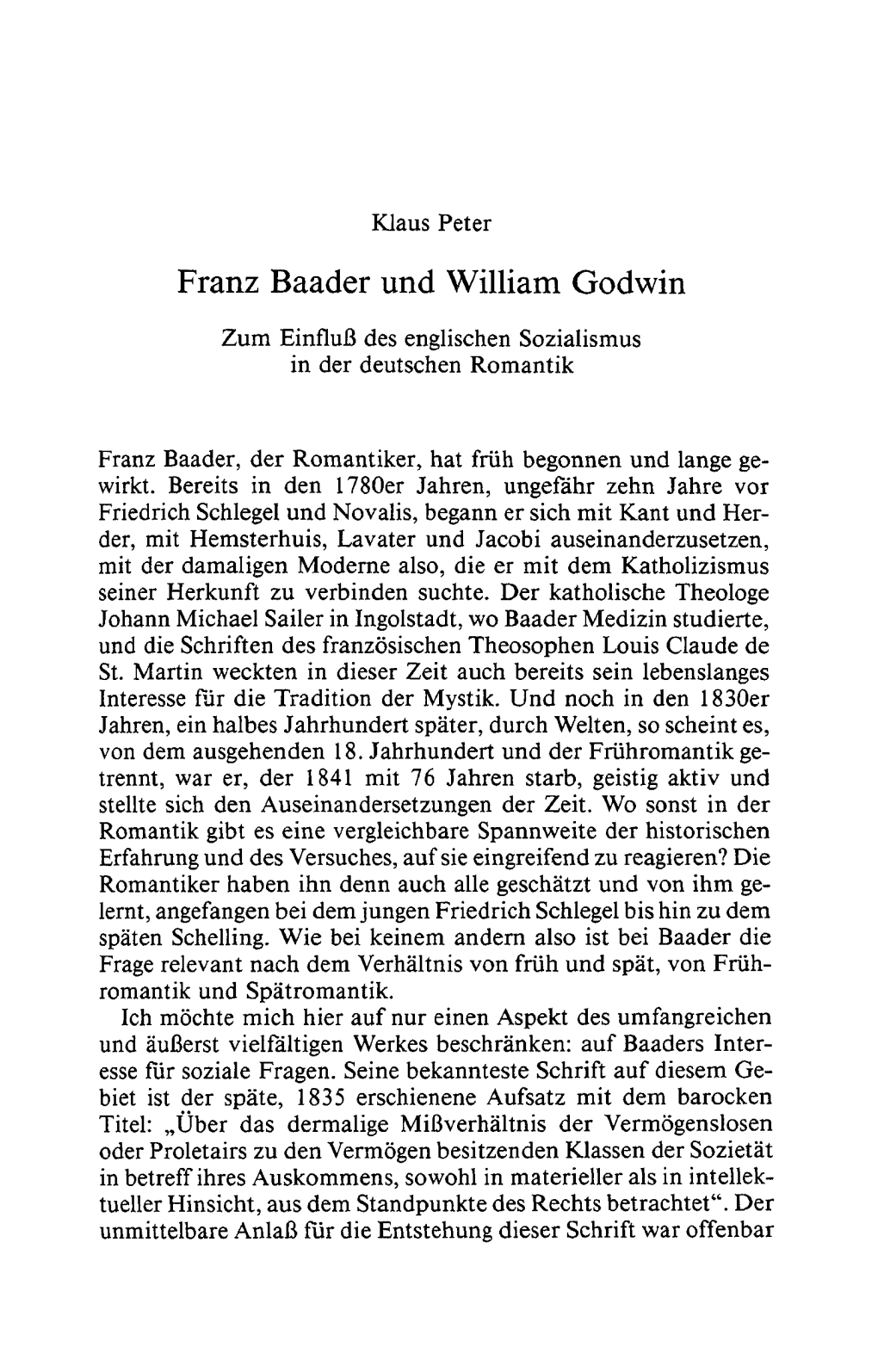 Franz Baader Und William Godwin Zum Einfluß Des Englischen Sozialismus in Der Deutschen Romantik