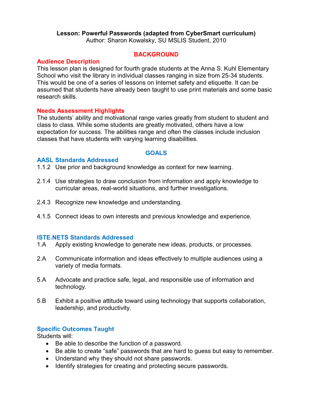 Lesson: Powerful Passwords (Adapted from Cybersmart Curriculum)