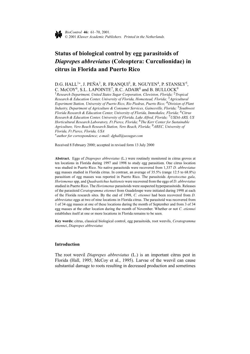 Status of Biological Control by Egg Parasitoids of Diaprepes Abbreviatus (Coleoptera: Curculionidae) in Citrus in Florida and Puerto Rico