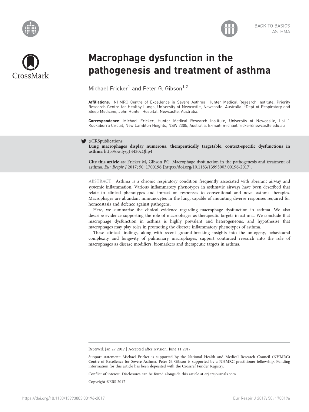 Macrophage Dysfunction in the Pathogenesis and Treatment of Asthma