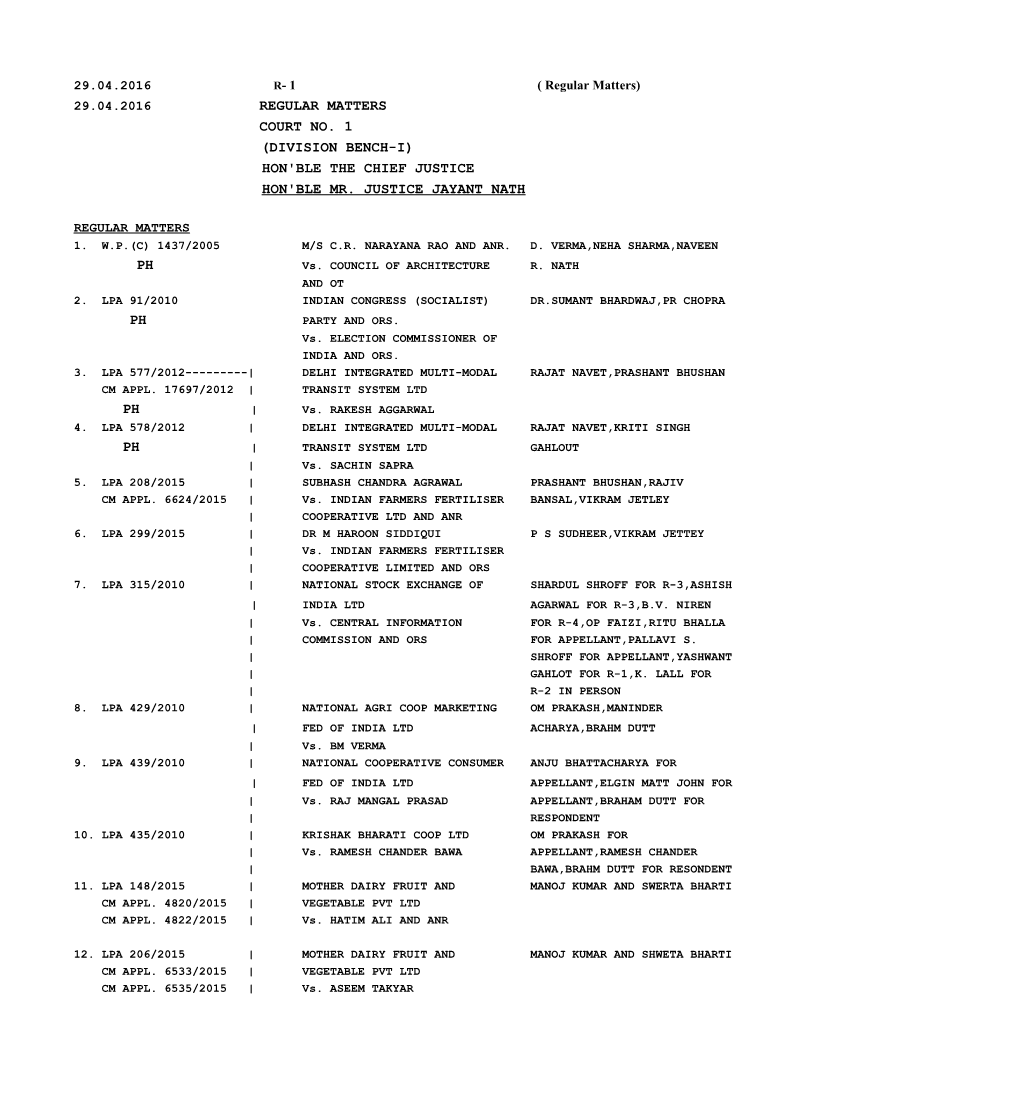 Regular Matters Court No. 1 (Division Bench-I) Hon'ble the Chief Justice Hon'ble Mr