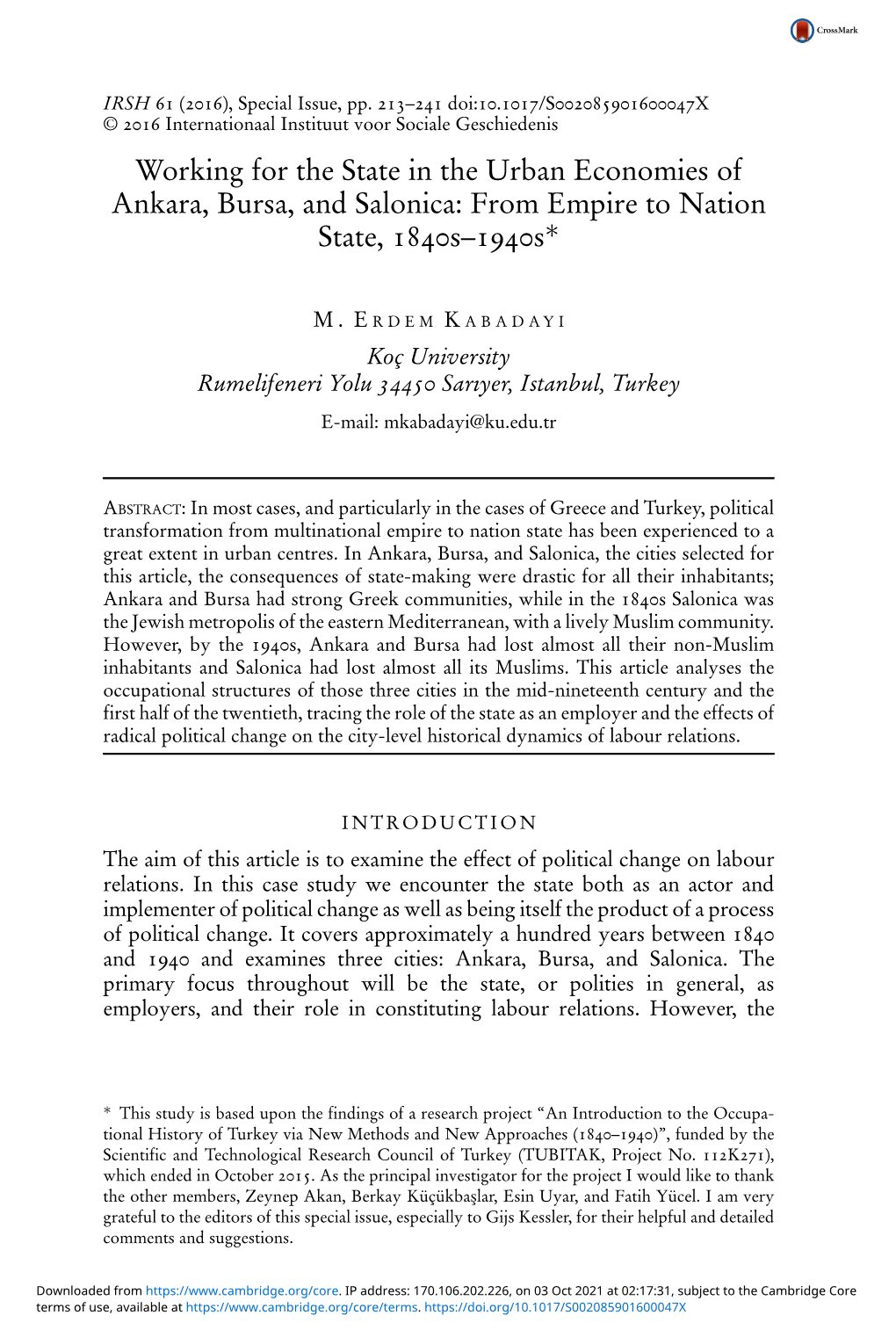 Working for the State in the Urban Economies of Ankara, Bursa, and Salonica: from Empire to Nation State, 1840S–1940S*