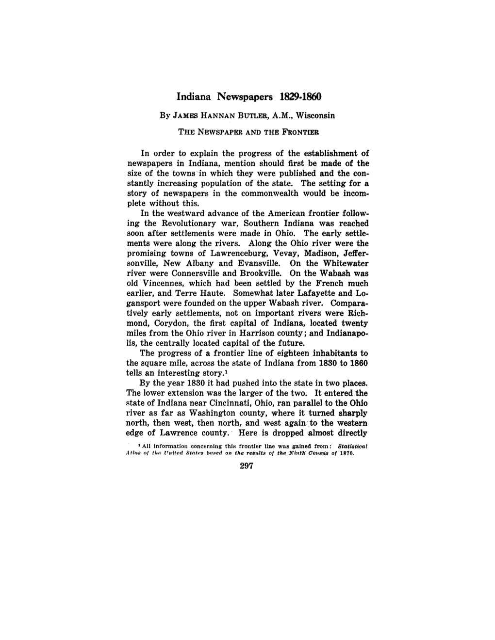 Indiana Newspapers 1829-1860 by JAMESHANNAN BUTLER, A.M., Wisconsin