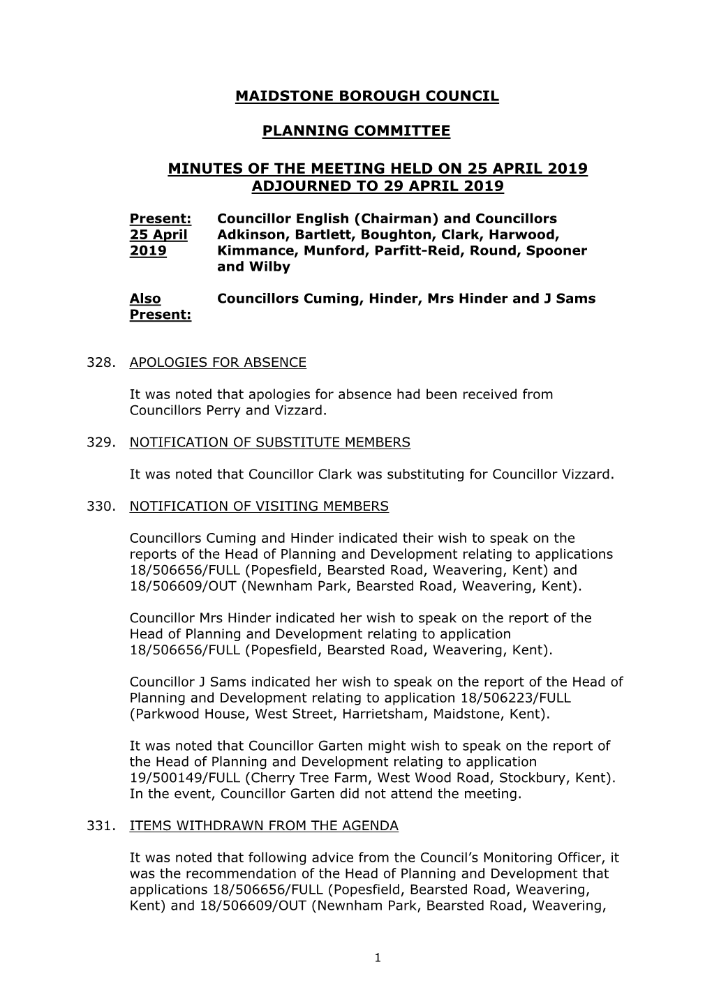 (Public Pack)Minutes Document for Planning Committee, 25/04/2019 18:00