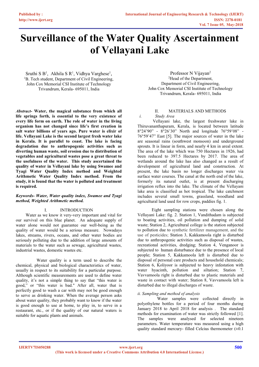 Surveillance of the Water Quality Ascertainment of Vellayani Lake